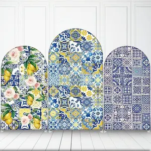 Mediterranean Lemon Blue Tiles Arch Backdrop Cover Spandex Fabric for Bridal Shower Baby Shower Birthday Party Decor Background Wedding Cake Portrait Photozone
