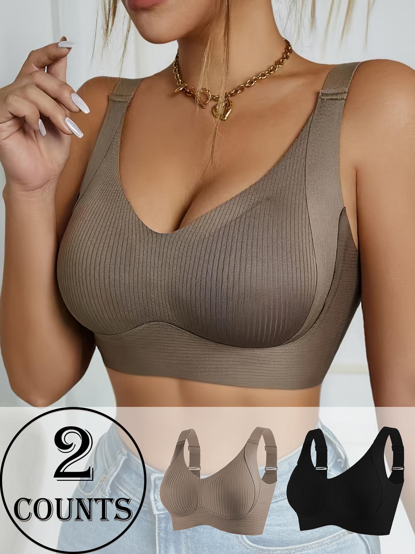 Women's Seamless Wireless Bra, Adjustable Wide Shoulder Straps, Comfortable Breathable Daily Wear, Ribbed Stripe Design