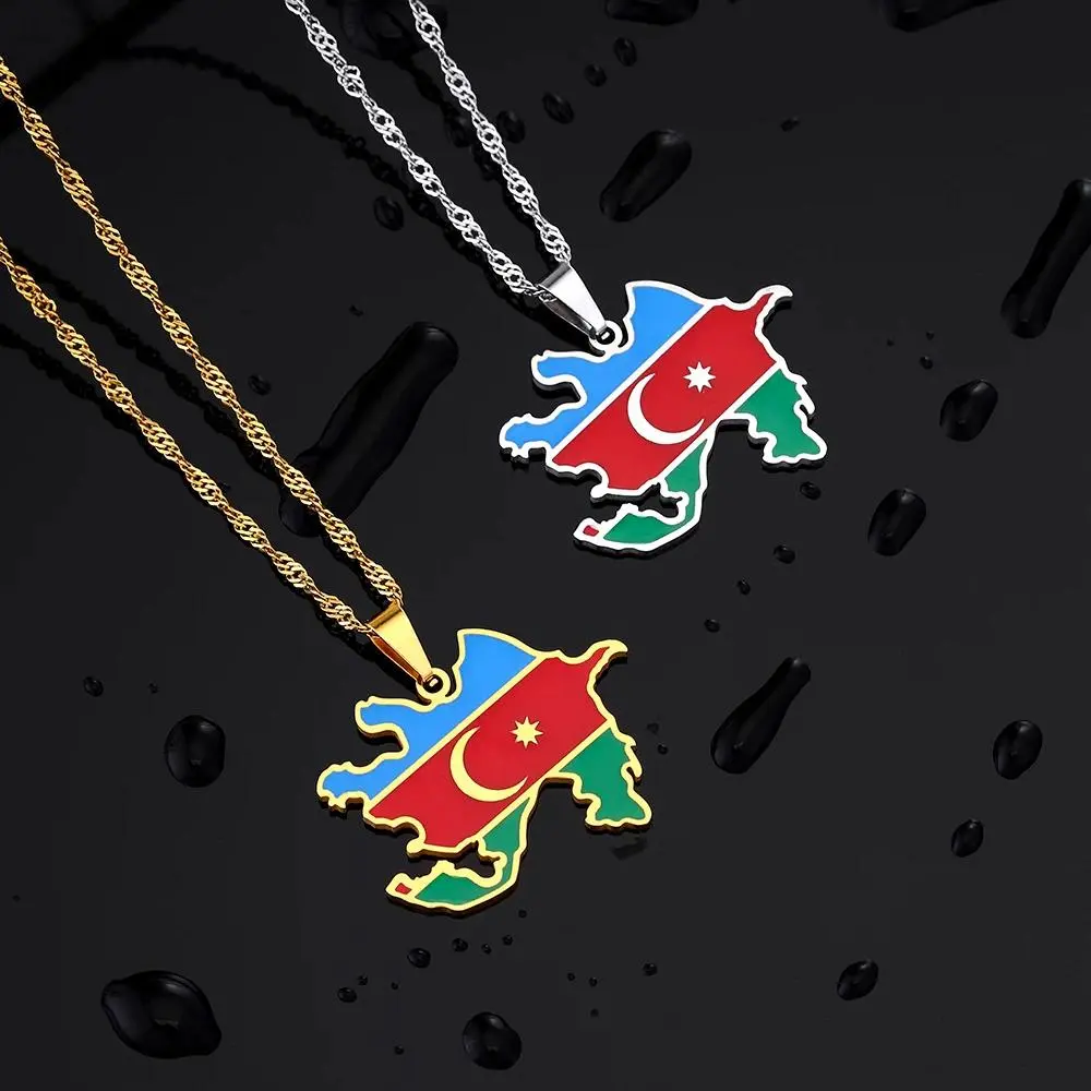 Fashion Azerbaijan Map Flag Pendant Necklace Stainless Steel Men Women Azərbaycan Country Map Jewelry Gift