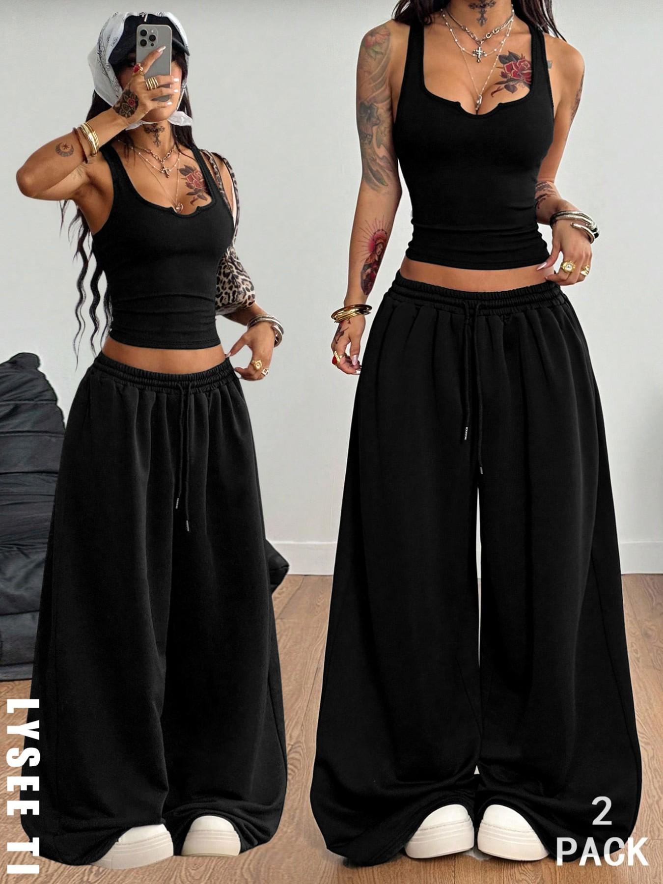 Trendy Black Fitted U-Neck Strap Dress + Draped Wide Leg Floor-Length Pants Streetwear Flirty Girl Style Elastic Waist Comfortable Tall-Look Streetwear Women's Two-Piece Set Outfit