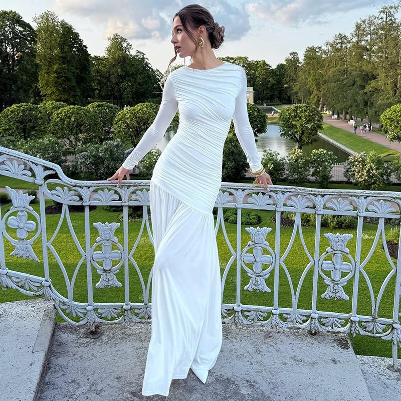 Women's Solid Ruched Round Neck Long Sleeve Pleated Dress, Elegant Plain Patchwork Plicated Slim-fitting Long Dress, Party Club Date Evening Gown Formal Dress, Ladies Spring Fall Winter Casual Dresses Clothes Wear, Formal Bodycon Dress