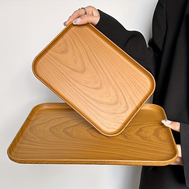 Wood Grain Plastic Tray, Rectangular Multi-Purpose Tray with Oak Design, Lightweight Durable Aesthetic Kitchen Countertop Decor, Home Hotel Cafe Art Decoration