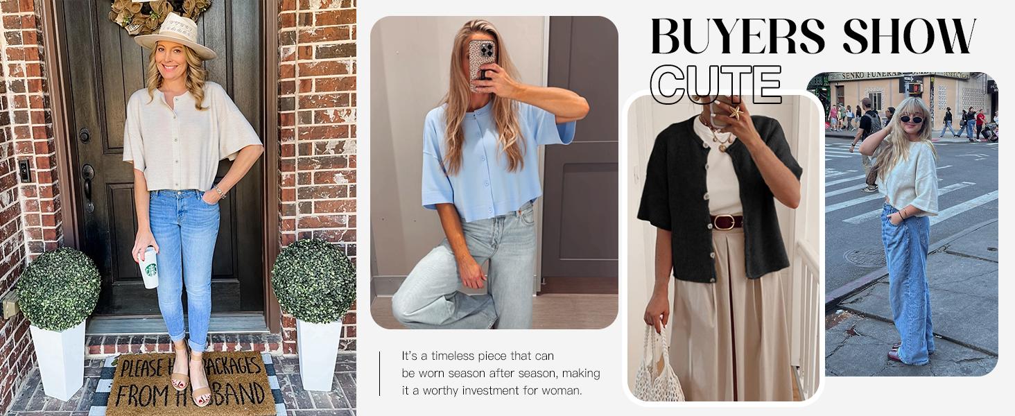 Cicy Bell Women's Half Sleeve Cardigan Sweaters Cropped Button Down Tops Oversized Lightweight Ribbed Knit Summer Outfits Knitted Womenswear Valentine's Day