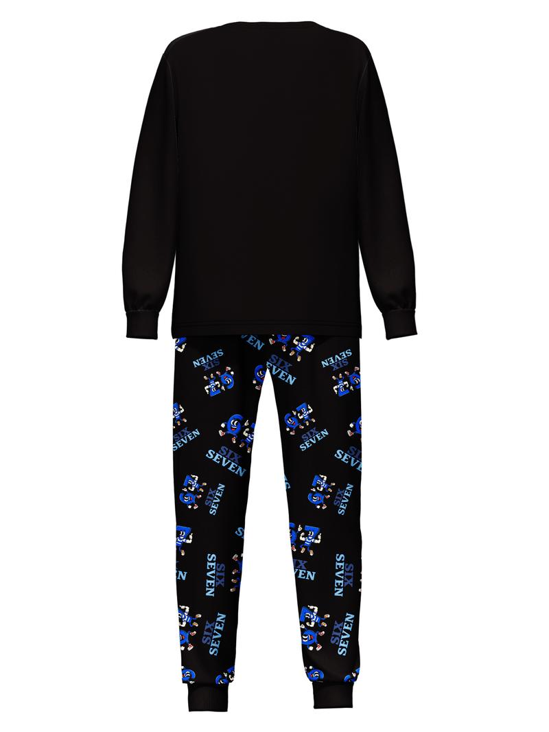 #67 Kids Long Sleeve Pajama Set,  Six Seven Cute Cartoon Pattern, Loose-Fitting Sleepwear, All Seasons, Ideal Gift for New Year & Reading Festival, Cartoon Print Pajama