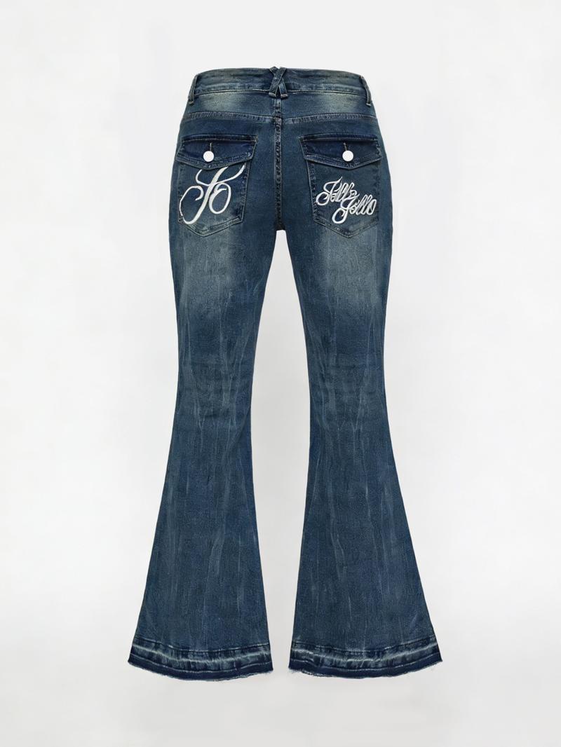 Women's Embroidered Button Pocket Flare Pants, Elegant Daily Wear, Fashionable All-Season Bottoms, Slim-Fitting Y2K Style