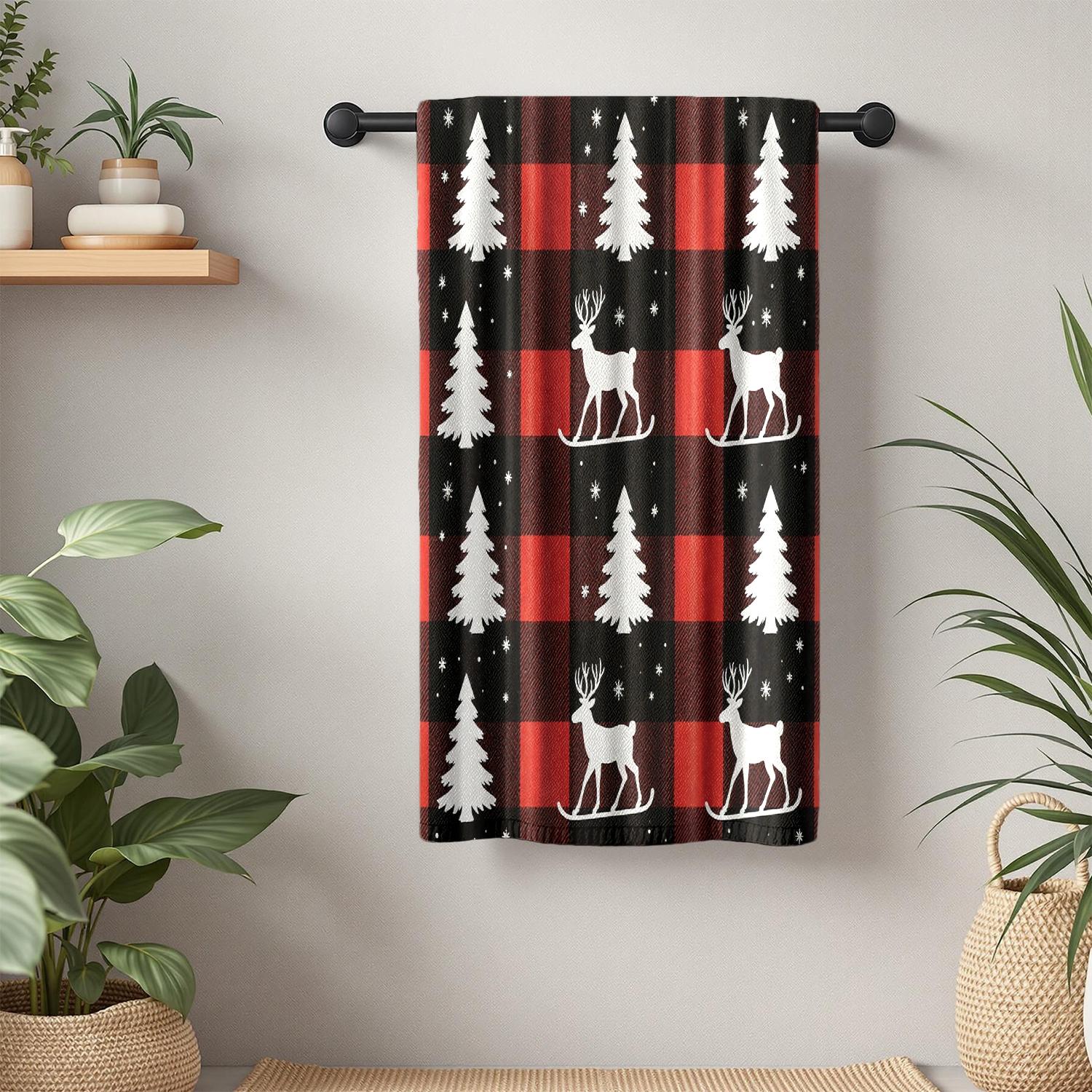 1Pc Christmas themed Buffalo check Fabric with Trees and Reindeer Bathroom Hand Towel Bath Towel, Multiple Size Microfiber Towel, Ultra-Soft Quick Dry and Absorbent Polyester Large Bath Towel, Kitchen Towels, Festiv
