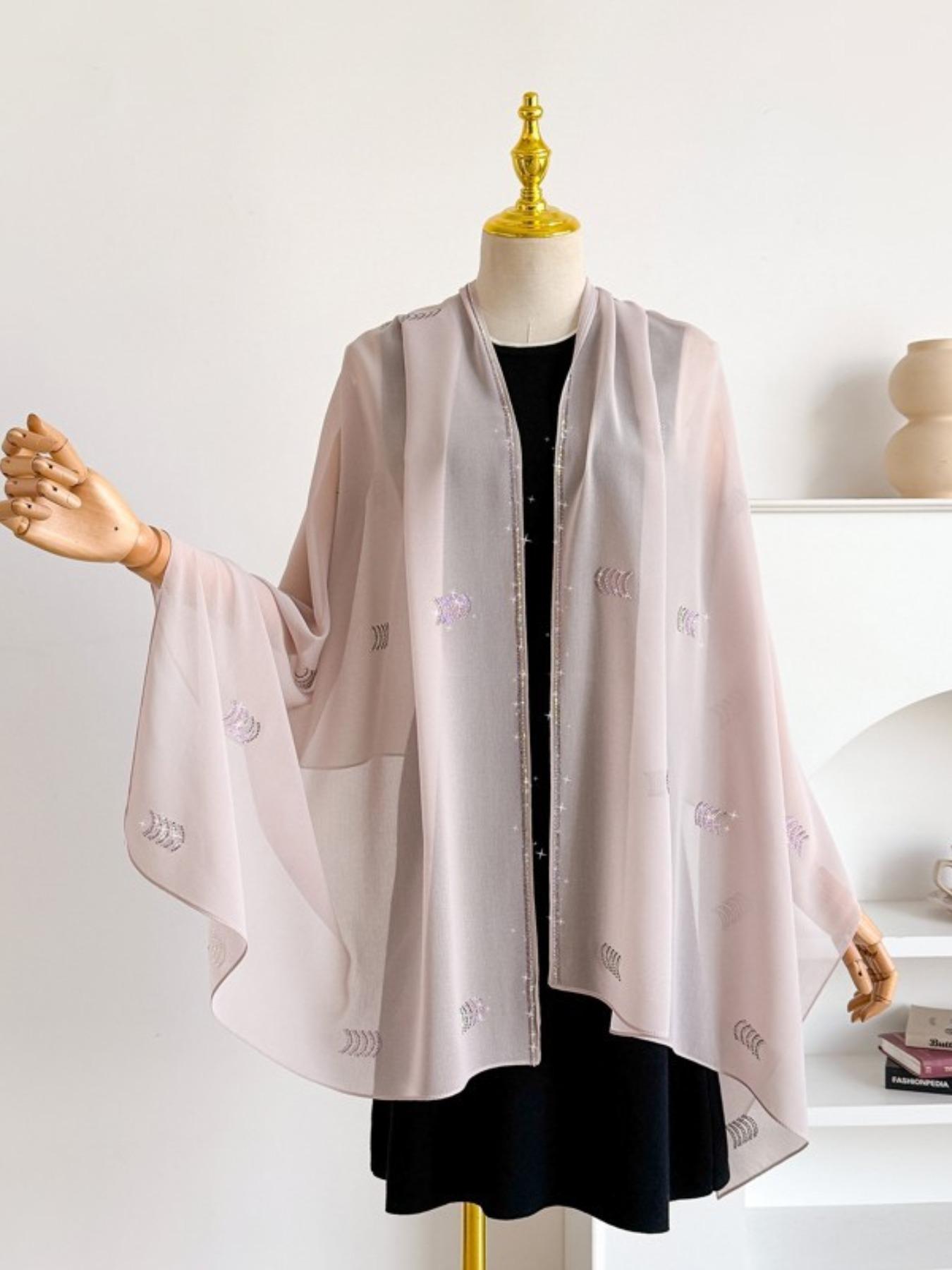 Single Piece Multi-Functional Plain Color New Arcuate Rhinestone Chiffon Long Scarf, Pearl Embellished Sun Protection Shawl, Ethnic Headscarf