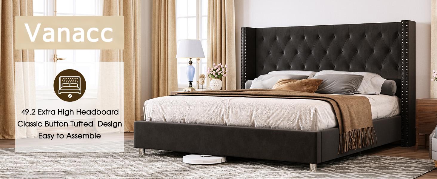 VanAcc Upholstered Bed Frame with 49.2" Tall Headboard, Modern Wingback Platform Bed, Low Profile Velvet Tufted Button, No Box Spring Needed