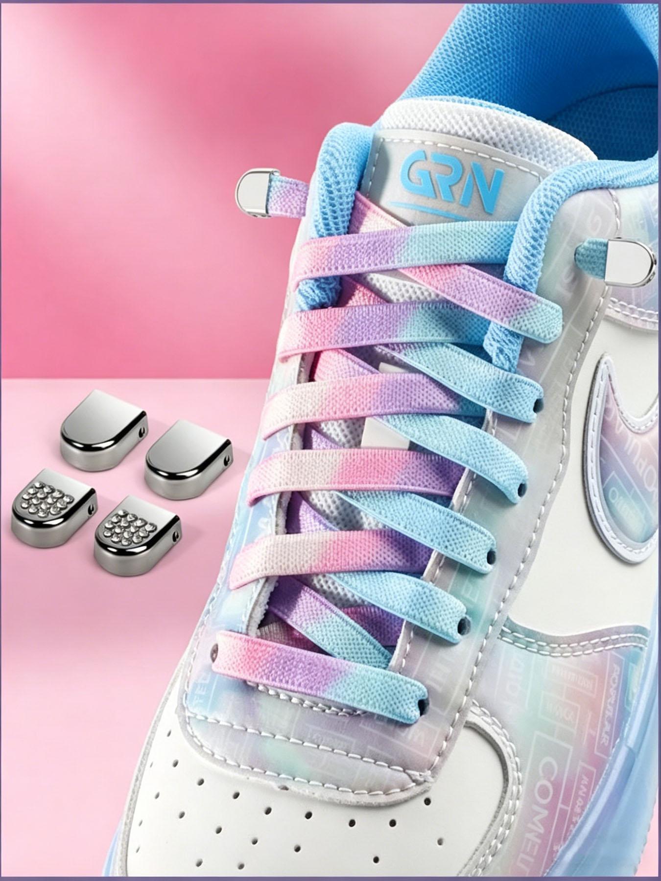 Dreamy Tie-Dye Lazy Shoelace, No-Tie Press Button, Gradient Color, Elastic Stretch, Wide Strap, for Sneakers, Dad Shoes, Sports Shoes, Commute, DIY Footwear