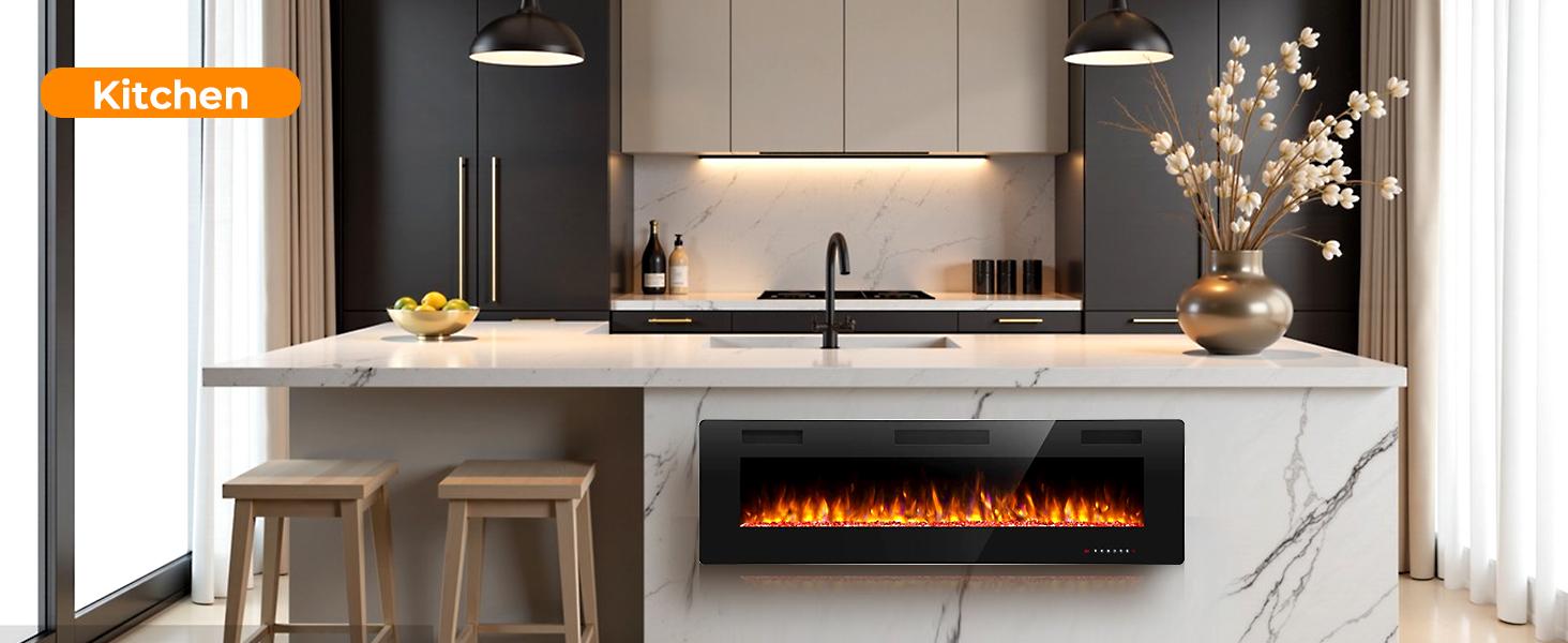 KISSAIR Electric Fireplace Insert: Touchscreen & Remote Control, Overheat Protection, 12 Flame/LED Bed Colors (Auto-Dimming), Ultra-Thin & Quiet Sleep Mode