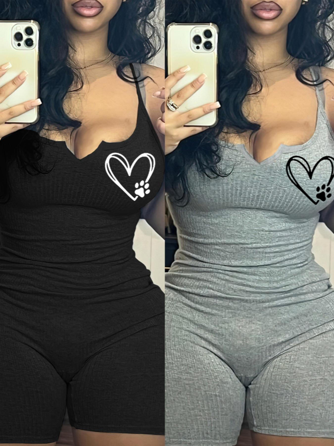 Women's Solid Color / Heart Print Notched Neck Cami Ribbed Romper, Casual Basic Spaghetti Strap Sleeveless High Waist Skinny Romper for Summer, Ladies Clothes for Daily Wear