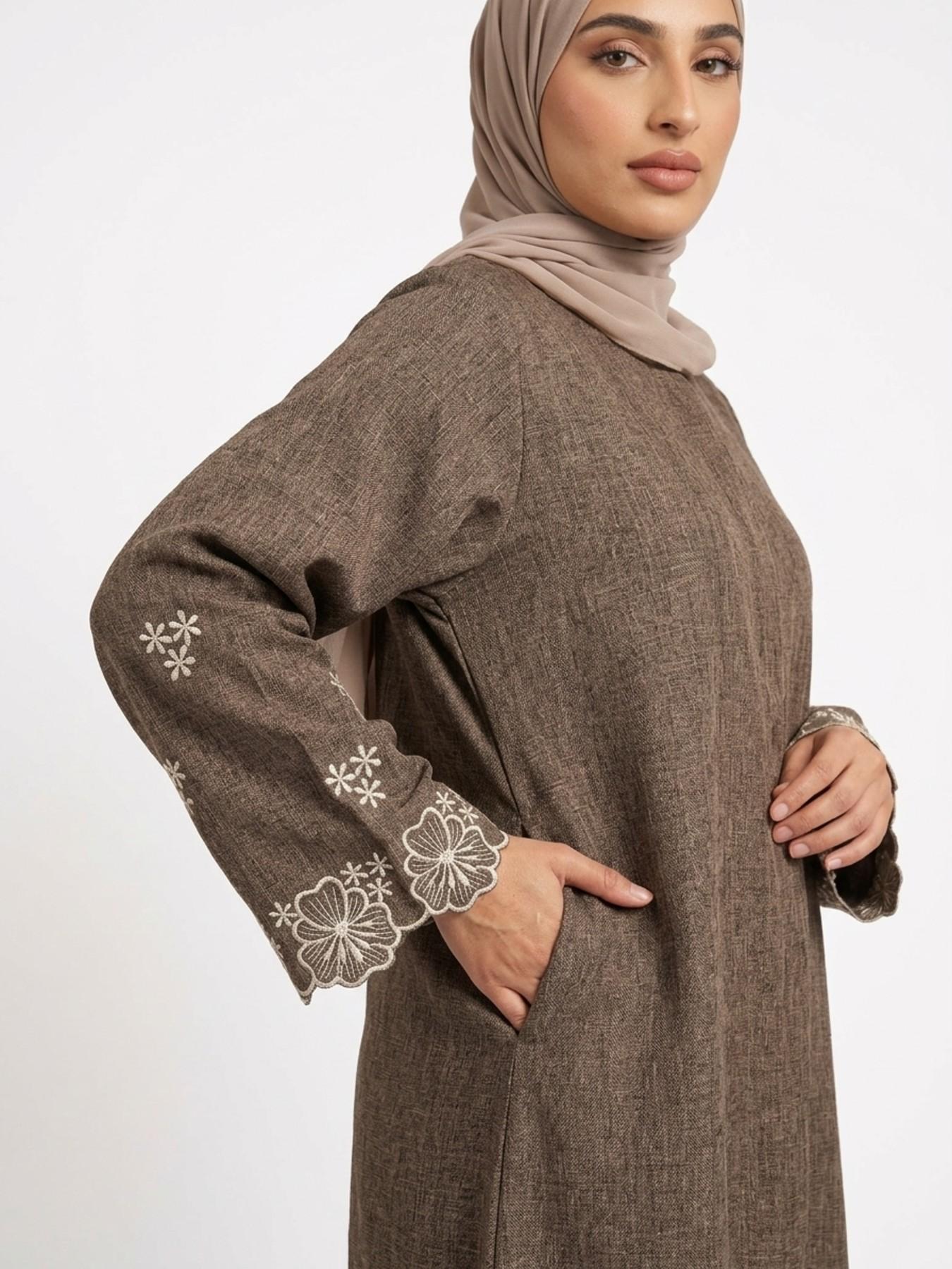 Elegant Embroidered Abaya Maxi Dress, Linen-Like Fabric, Pockets & Belt Included, Perfect for Special Occasions, Women's Fashion Muslim Clothing, Islamic Modesty Clothes