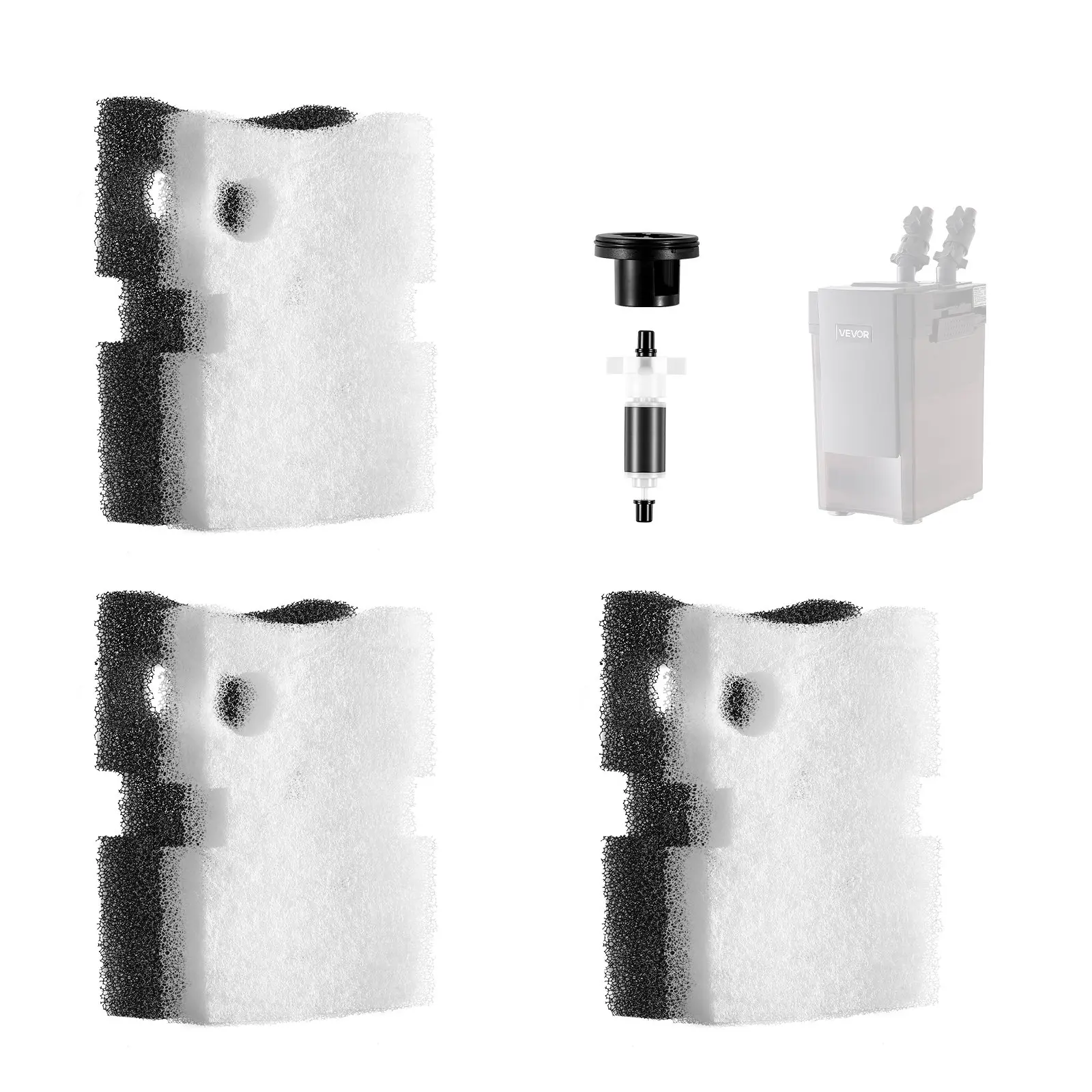 VEVOR Aquarium Filter Media Pads, 6 PCS with Impeller for AQ700 & AQ1000, Canister Floss Replacement Media for Fish Tank, Zirconia Impeller Shaft, 3 Black Polyurethane Foam & 3 White Polyester Fiber