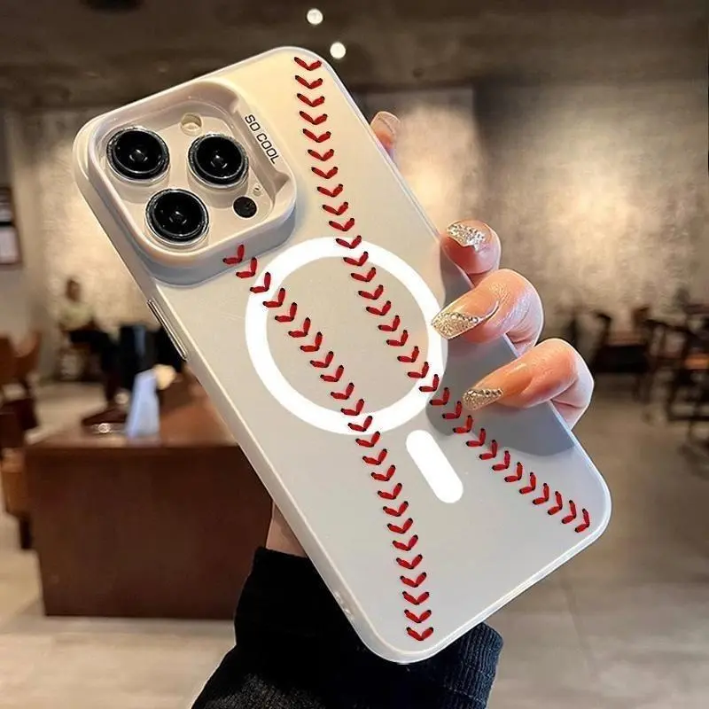 Baseball Pattern Magnetic Silicone Cellphone Case - 1.2mm Shockproof Durable PC Accessory for Multi-Model iPhone (15 Pro,14/16 Pro Max,13/12/11/XR/XS Plus) with Raised Lips, Protector & Screen Protect Functionality