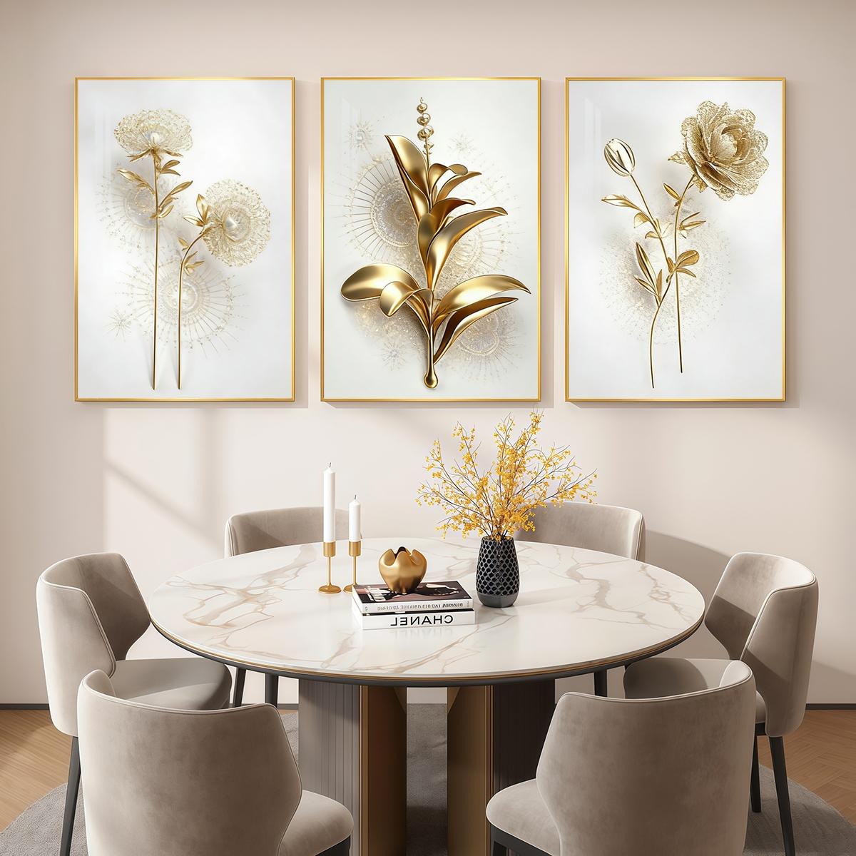 3 Counts Aluminum Alloy Framed Painting, Golden Abstract Flowers Artwork, Home Decoration For Living Room, Bedroom, Office, Restaurant, Hallway Wall Decor, Odorless Print Artwork, Luxury Perfect Gift For Friends And Family