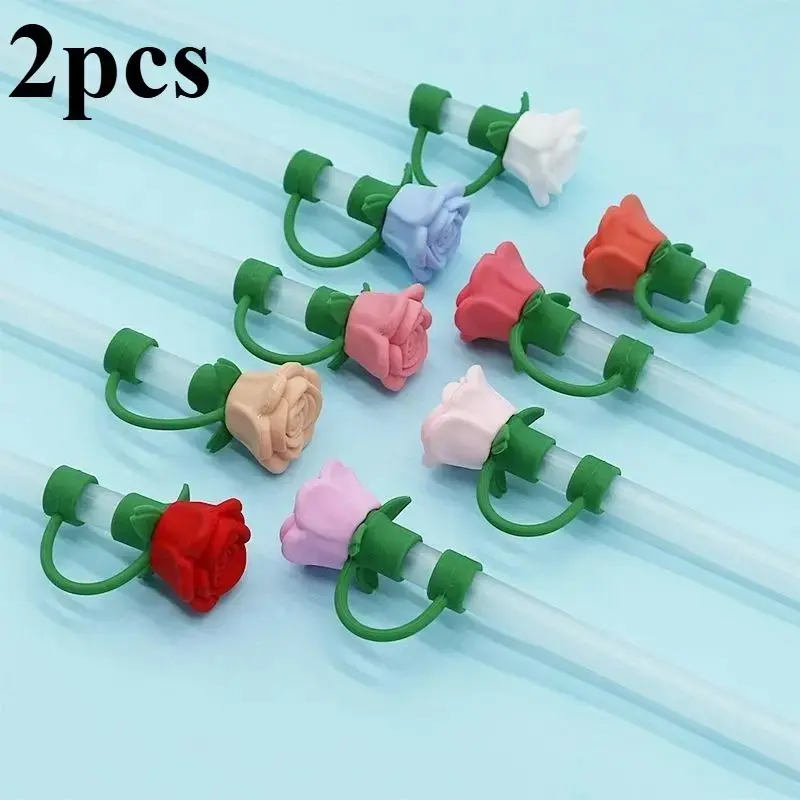 2pcs Silicone Rose Straw Cover Dustproof Creative Cap Drink Protectors 3D Flower Straw Tips