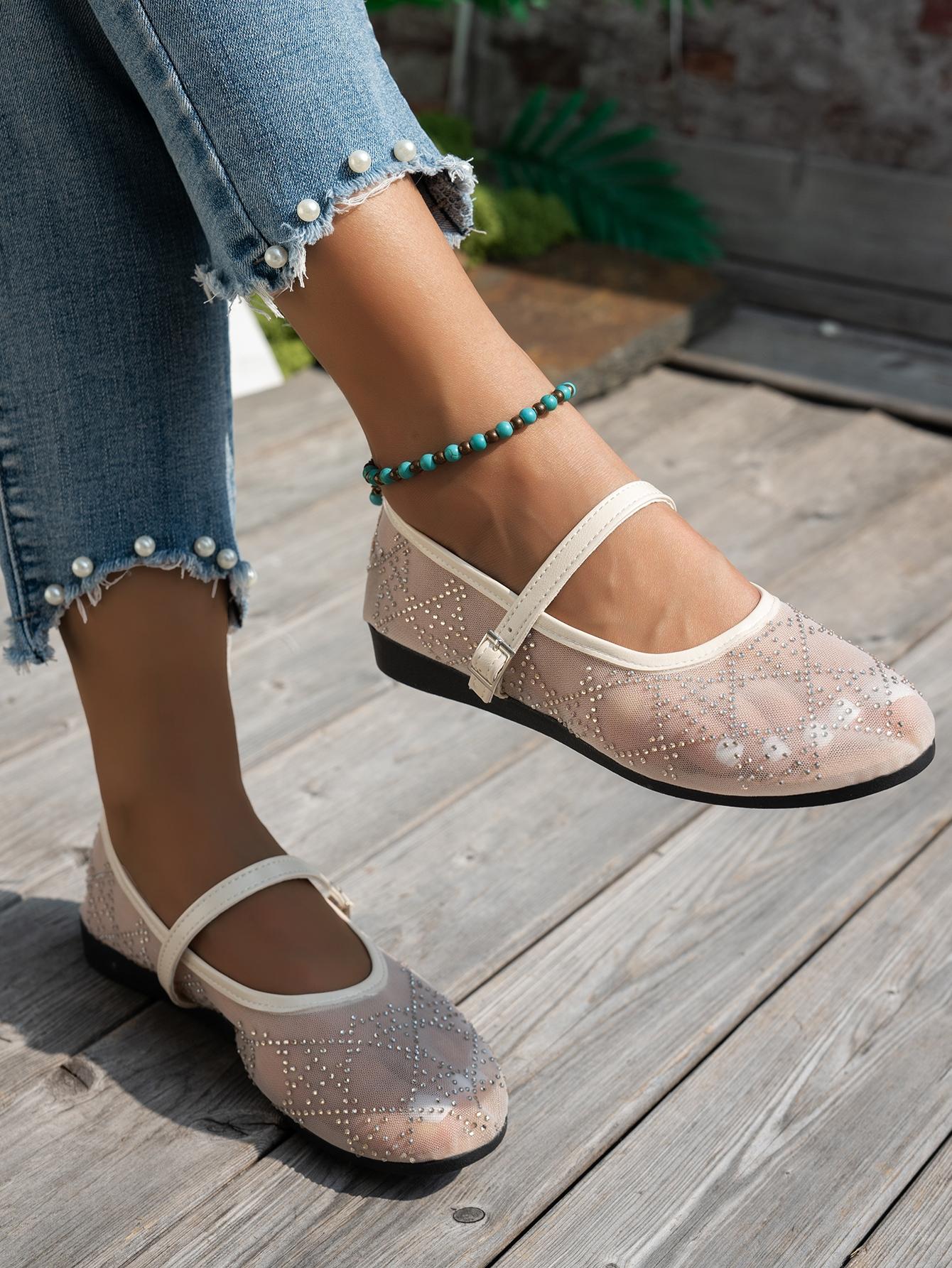 Women's Rhinestone Mesh Mary Jane Shoes, Summer Fairy Style Square Toe Ankle Strap Breathable Flats