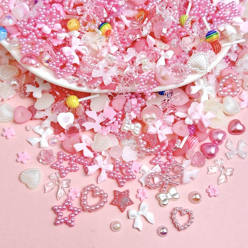100PCS Sweet Minimalist Bow Resin Nail Charms Simulated Heart Candy Half Round Pearls Pink Decorations DIY Nail Art Supplies
