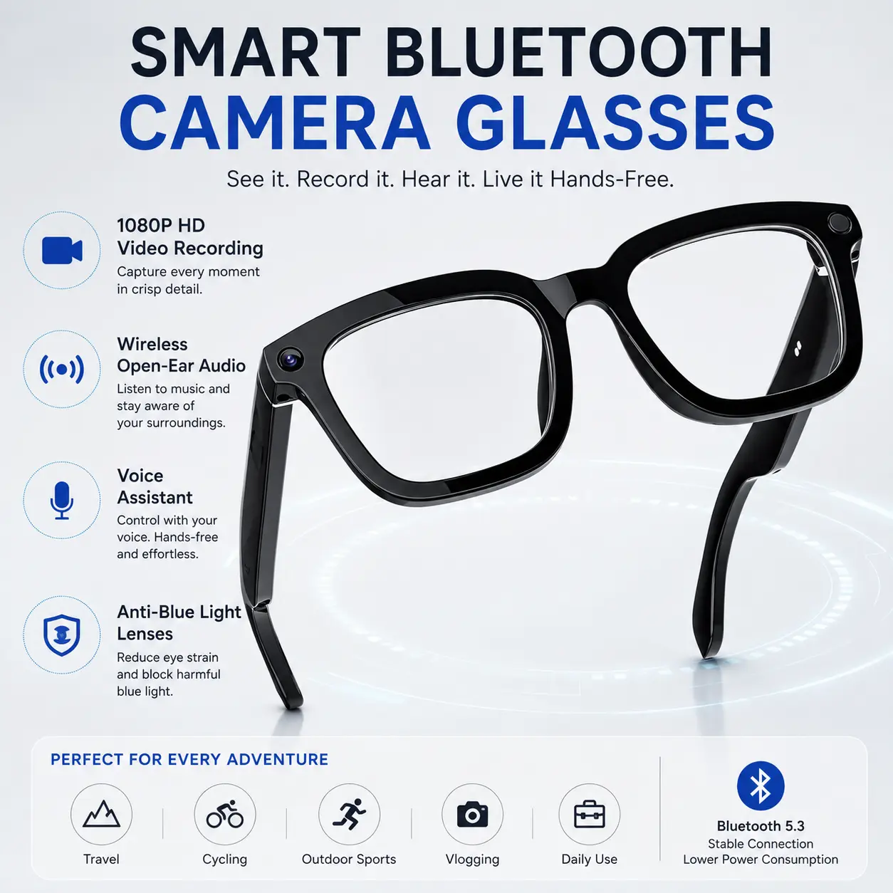Portable Classic Smart Glasses - 1080P HD Video Recording Glasses, Wireless Open-Ear Audio, Intelligent Voice Assistant, Anti-Blue Light Lenses, Navigation, Hands-Free Wearable Device for Outdoor Sports, Daily Use