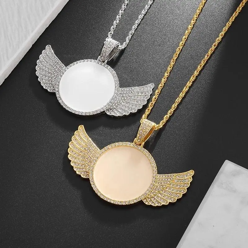 Fashion Memory Angel Wings Ice Crystal Zirconia Photo Memorial Necklace Couple Hip Hop Jewelry Birthday Gift
