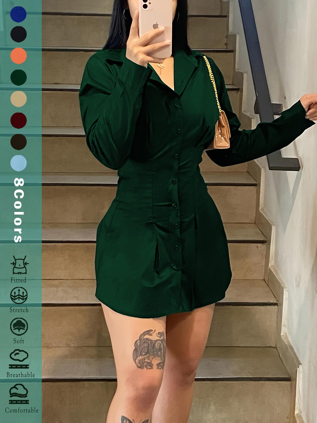 Solid Color Button-Up Woven Fit Mini Dress with Asymmetrical Hem, Elastic Ruffled Waist Design for Casual and Party Wear, Trending Tiktok Style for Teen Girls, Womenswear