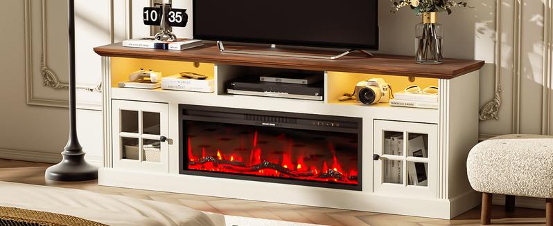 【2 Packages Shipping】AHB 70" Fireplace TV Stand for TVs Up to 80" with Storage Cabinets, Entertainment Center with 36" Electric Fireplace, Led Light TV Consoles for Living Room, Farmhouse Media Console Table