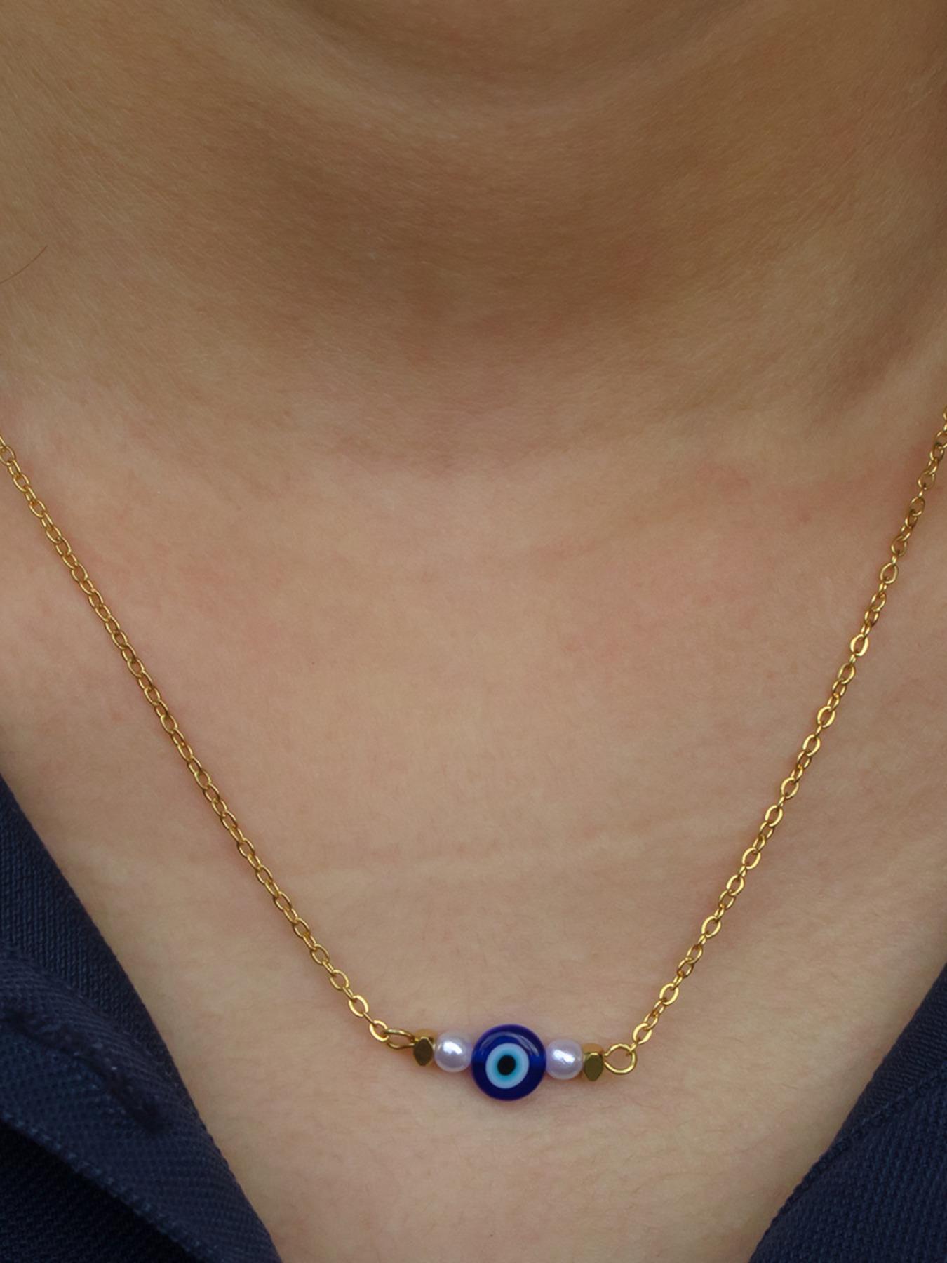 Stainless Steel Devil Eye Jewelry Set, Summer Simple Pearl Glass Eyes Necklace Bracelet, Elegant Fashion Accessory