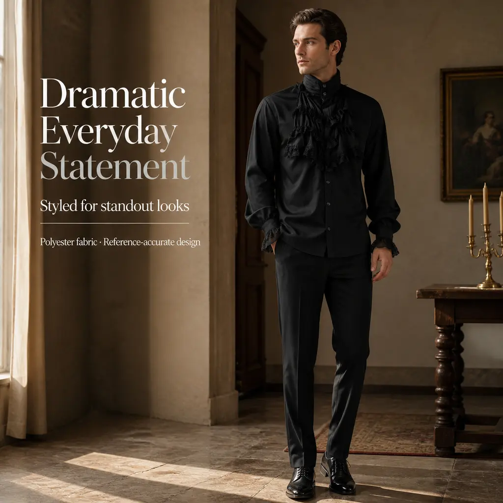 Men's Black High-Collar Lace Ruffle Jabot Long-Sleeve Puff-Sleeve Victorian Renaissance Polyester Blouse, Medieval Noble Gentleman Halloween Costume Top