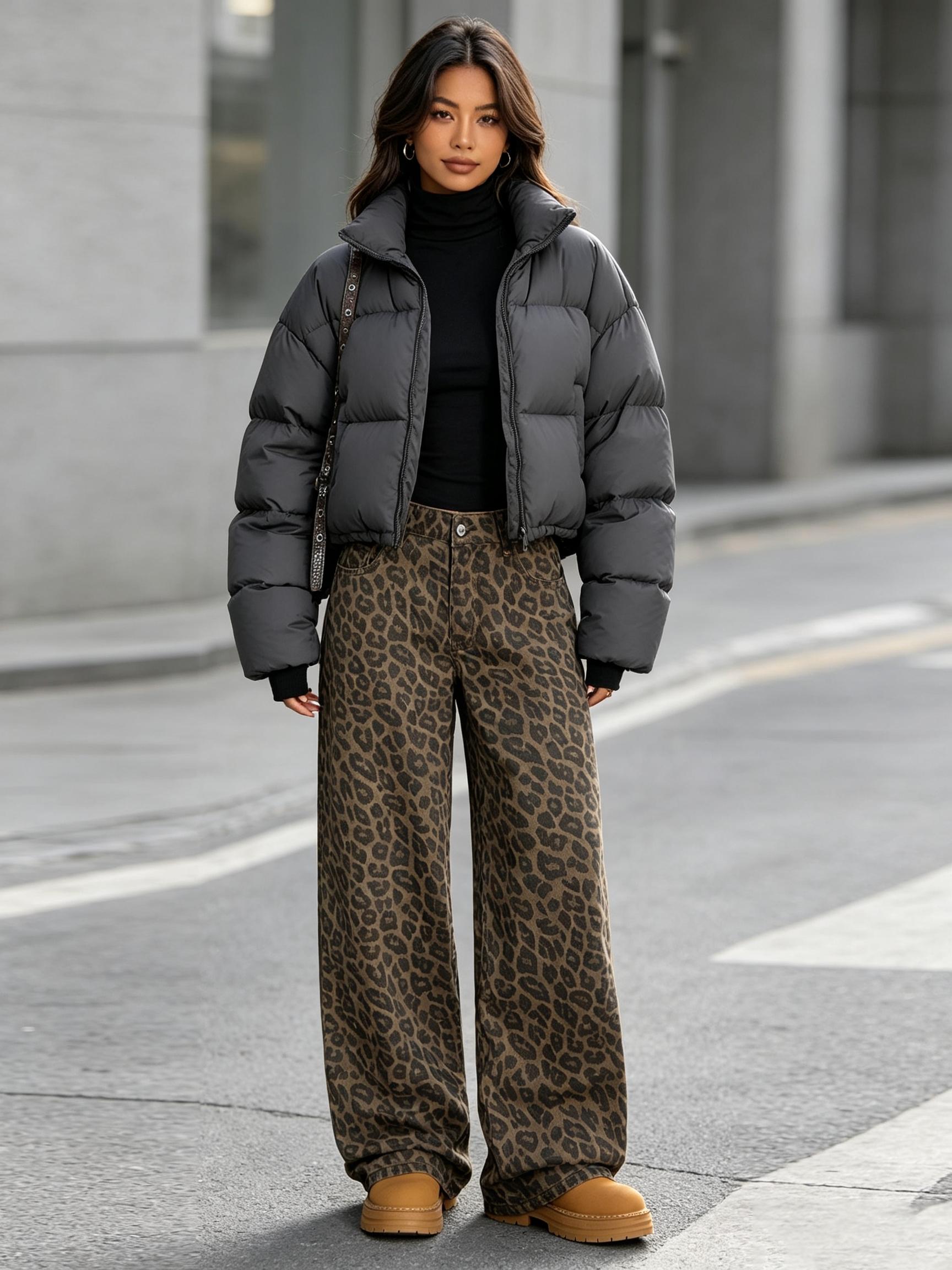 Women's Leopard Print Wide-Leg Oversized Pants, Loose-Fit Elastic Waist Button-Fly Trousers, Casual Trousers, Multiple Colors Available, Boho Style Pants, Bohemian Casual Pants, Casual Fashion Trousers
