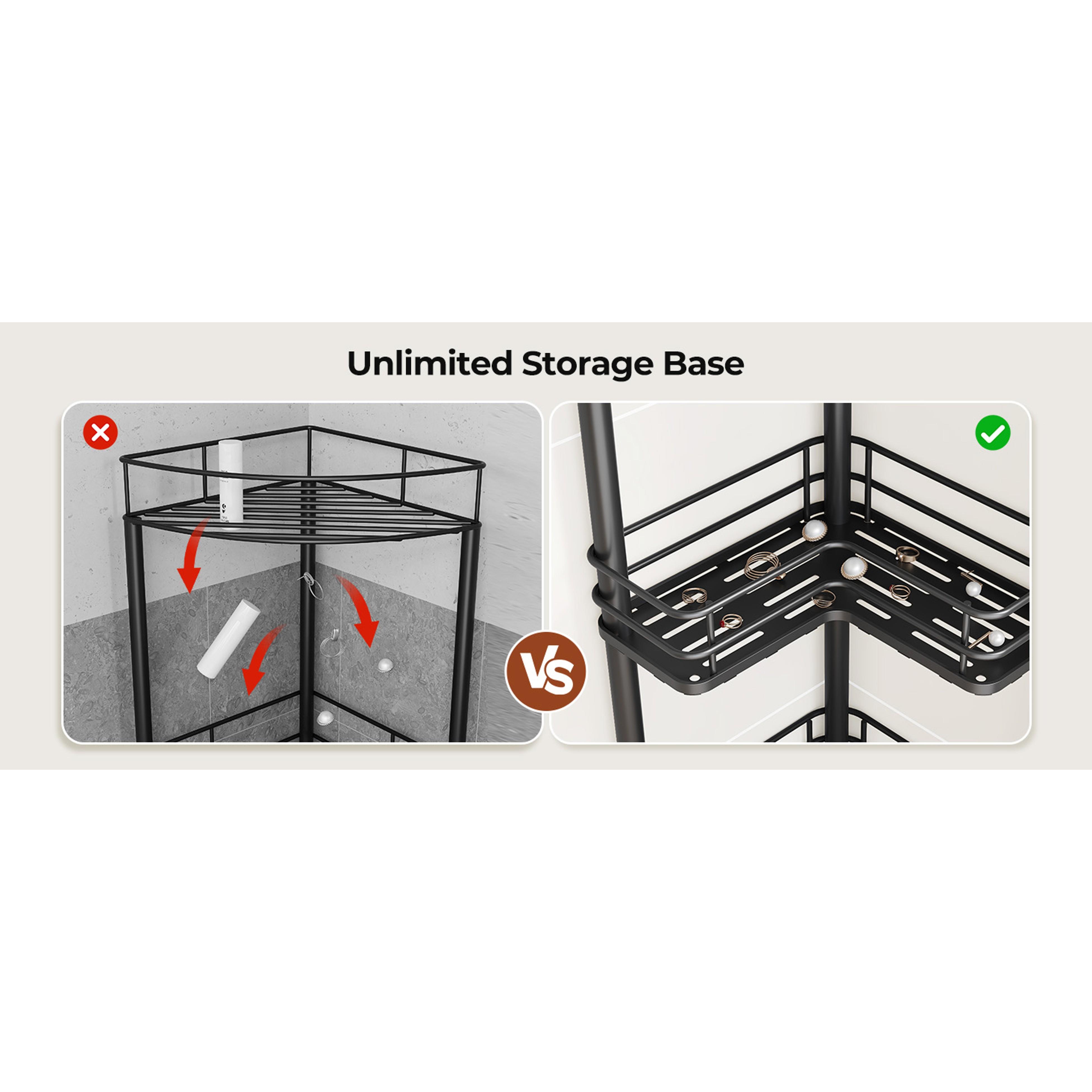 Rustproof 3 Tier Floor Standing Corner Shower Caddy Organizer with Toothbrush Holder, Large Spacing Floor Shower Shelf Rack Storage Stands with Hooks for Bathroom Kitchen, Black