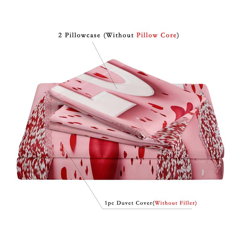 3 Counts/set Valentine's Day Love Letter Rose Pattern Duvet Cover Set including 1 Duvet Cover + 2 Pillowcases, Soft and Comfortable Decorative Bedding for Bedroom or Guest Room, Without Comforter