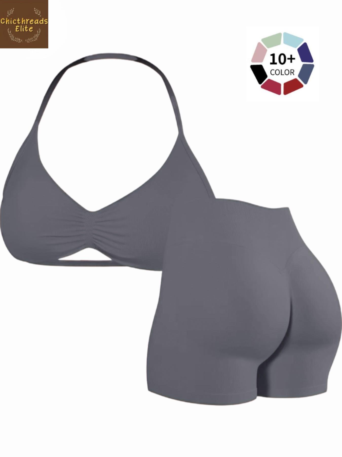 Women's Two-Piece Set, Solid Color Halter Top & High Waist Shorts, Sporty Breathable Quick-Dry for Yoga Gym Workout Running