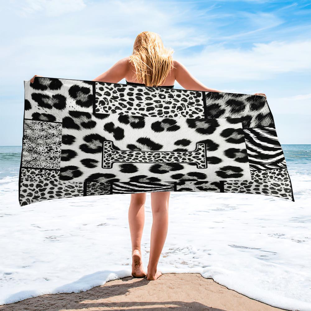 Leopard Print Letter Beach Towel, Black White Animal Patchwork Beach Blanket, Quick Dry Sand Free Bath Towel for Swimming Pool Camping, Monogram Initial Decor for Kids Teens Adults