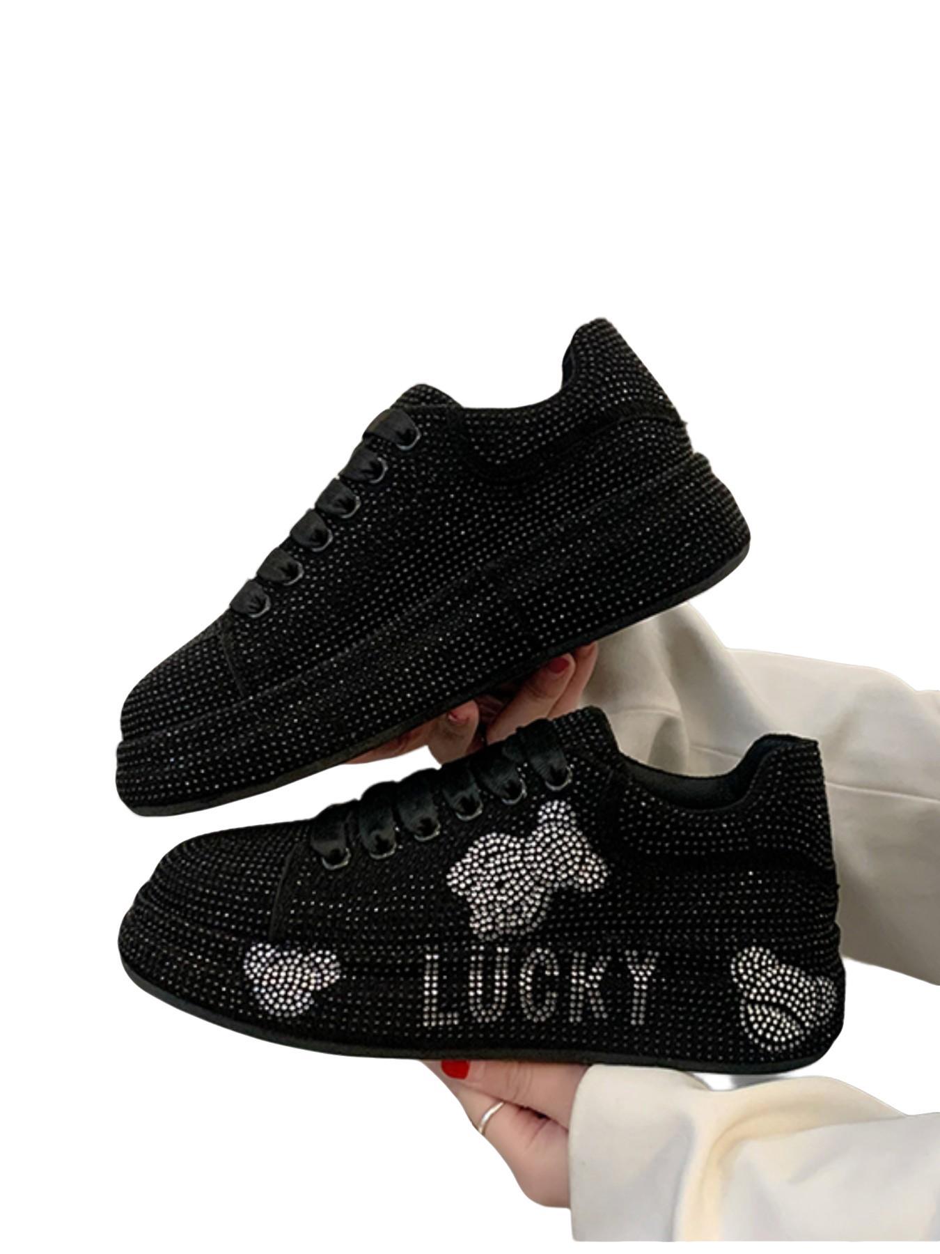 Full Diamond Thick Sole Sport Casual Shoes, Unique Design Handmade Embellished Luxury Thong Dad Sneakers, Party Banquet Multi-Scene Cool Women's Shoes