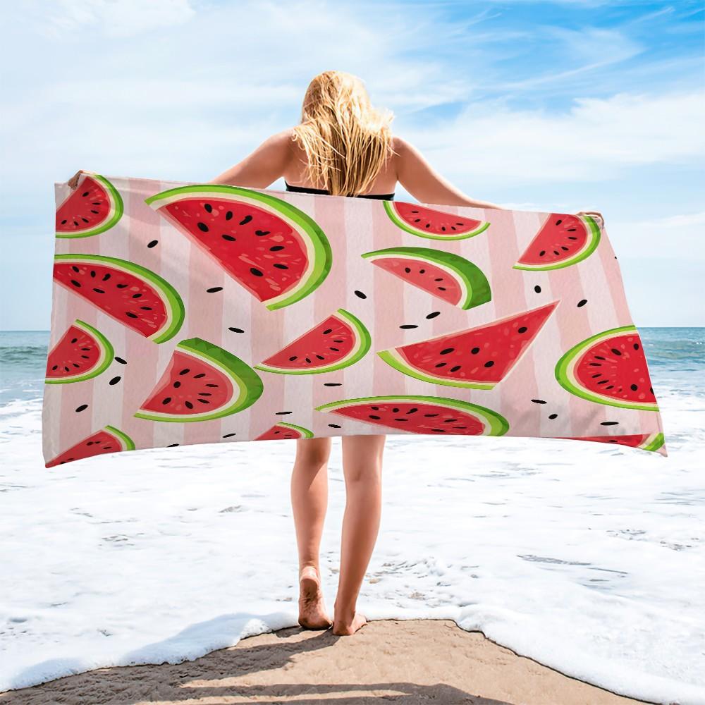 Pink Striped Watermelon Pattern Beach Towel, Lightweight Soft Microfiber Towel, Sand Resistant Quick Dry Bath Towel for Beach Travel Gym, Cute Summer Fruit Themed Towel