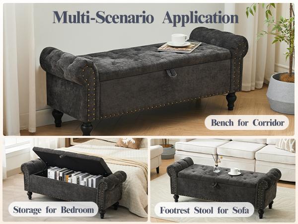 51" Bedroom Storage Bench, End of Bed Bench, Chenille Upholstered Benches, Ottoman with Storage, Window Benches with Rolled Arm and Nailhead Trim for Living Room, Entryway,