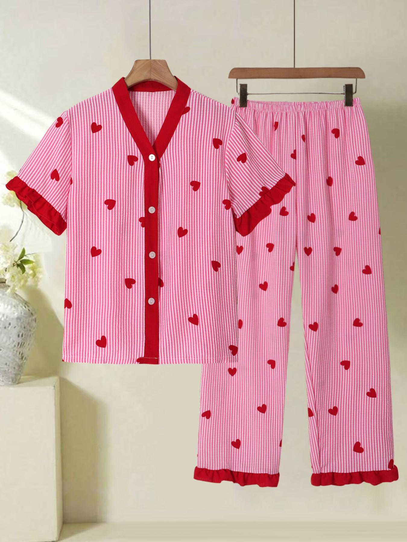 Women's Cute Pajama Sleepwear Set, Heart Pattern V Neck Button Short Sleeve Top & Pants, Lightweight Polyester Loungewear Homewear Women's Cute Pajama Sleepwear Set, Heart Pattern V Neck Button Short Sleeve Top & Pants, Lightweight Polyester Loungewear Homewear