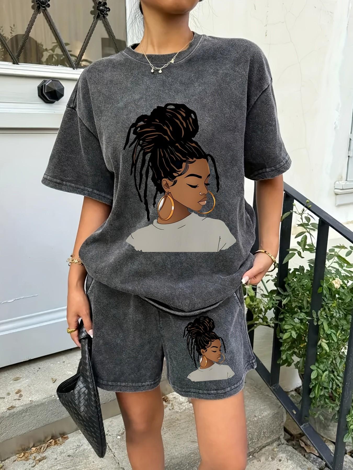 Matching set featuring a washed, distressed texture and a unique "Black girl" portrait print; durable and built for frequent daily wear. Loose, casual fit—perfect for effortless styling, whether lounging at home or heading out. Round neck Women