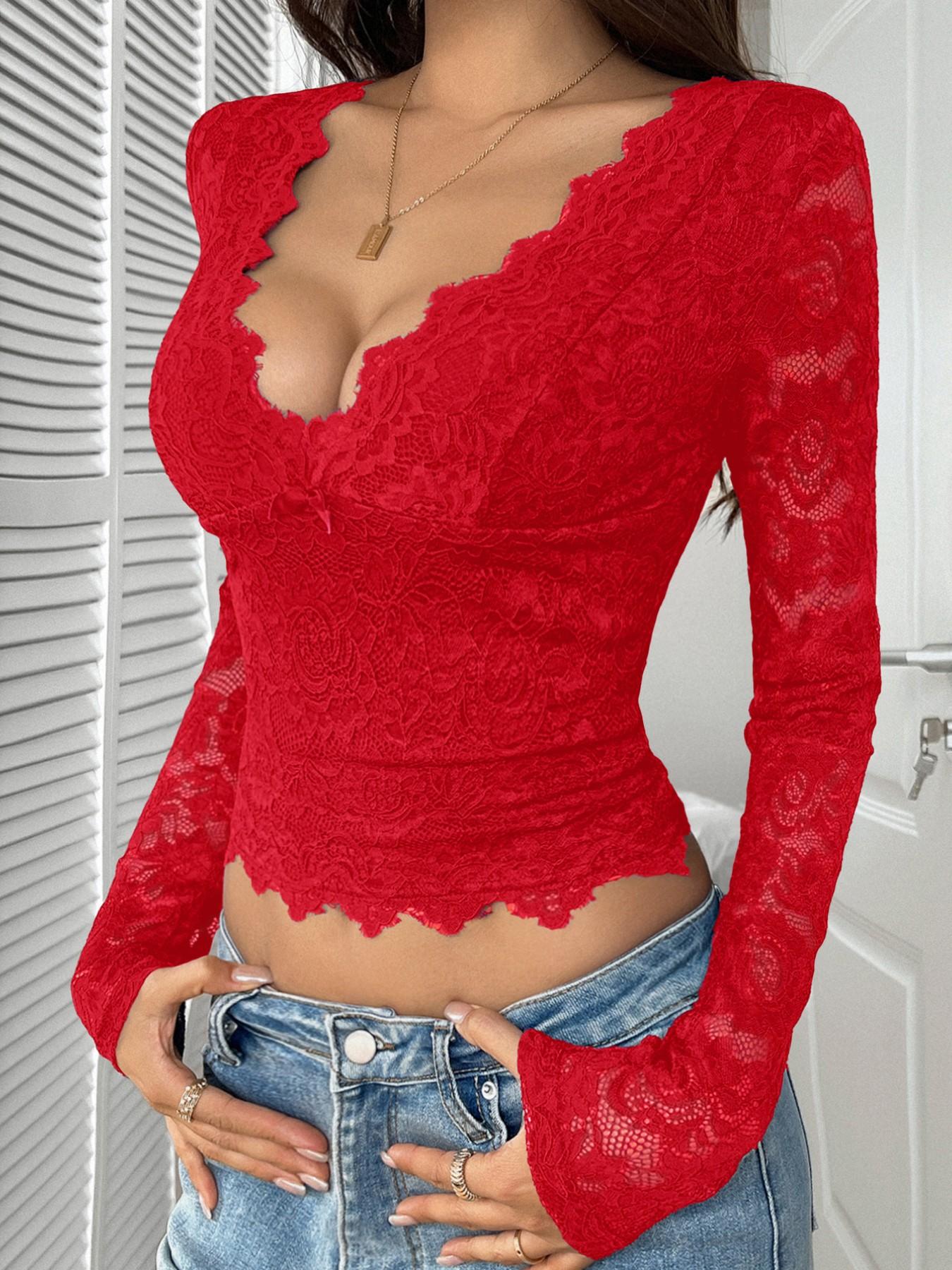 Wavy Hem Deep V Neck Floral Lace Long Sleeve Crop Top, Sexy Sheer Cutout Lace Bodycon Shirt, French Style Wavy Edge V Neck Tight T-Shirt, Fitted Shirts