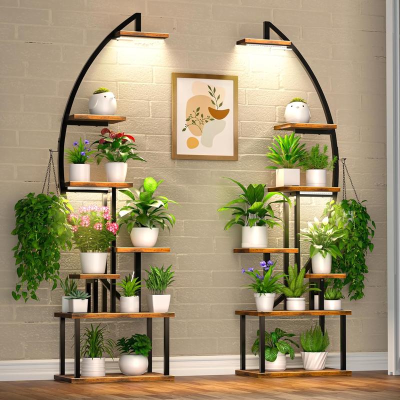 POZILAN 2 Pack Plant Stand with adjustable with Timer LED Grow Light: 14 Tier 70"Corner Shelf, Metal Display Storage Rack Organiser for Multiple Pot, Decor for Room, Ideal Gift Flower Furniture Home