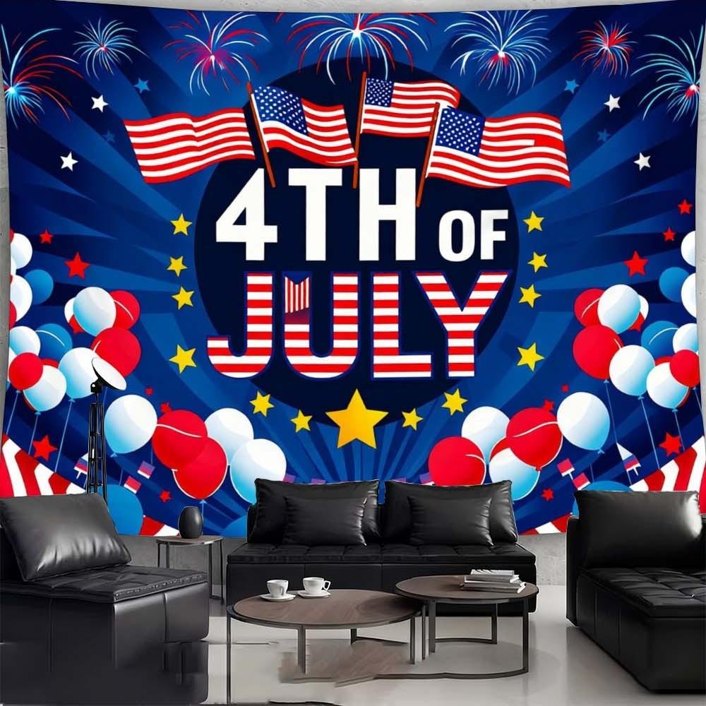 1PC Independence Day themed tapestry for enhancing home atmosphere perfect for bedrooms and living rooms ideal for gatherings and celebrations wall decoration featuring vibrant stars stripes flags and fireworks background fabric adding festive vibes to an