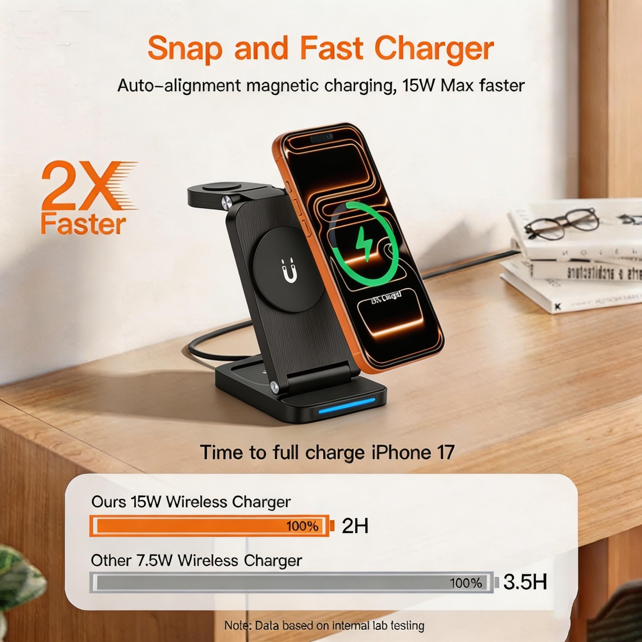 15w Folding Magnetic Wireless Charger, Fast Charging for iPhone 16-12, Iwatch 1-9, AirPods 3/2/pro, Portable Wireless Charger