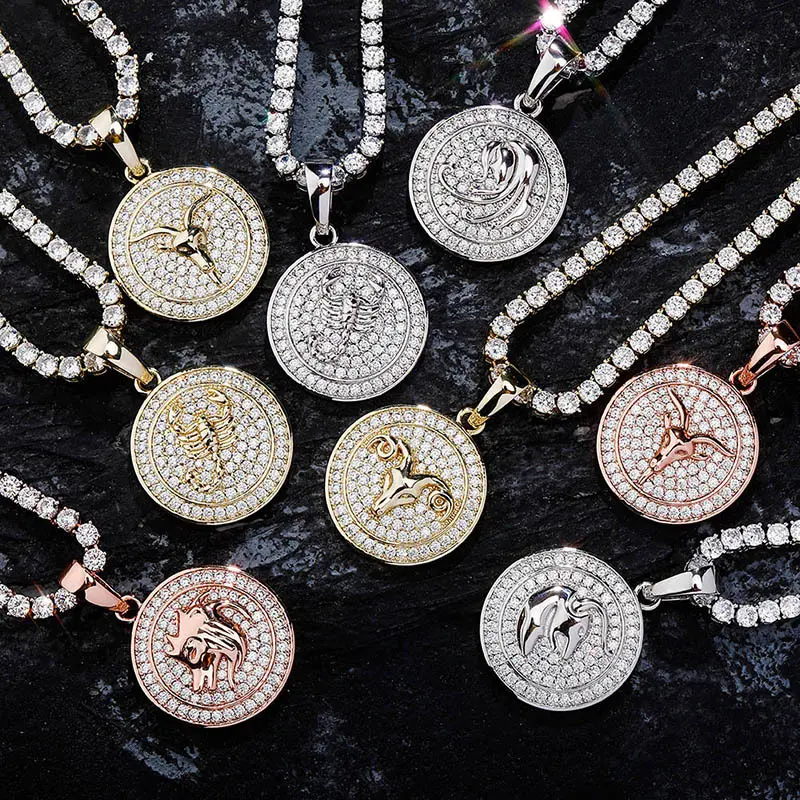 Twelve Constellations Retro Pendant Full Zircon Hip-hop Personalized Clavicle Necklace Jewelry gift