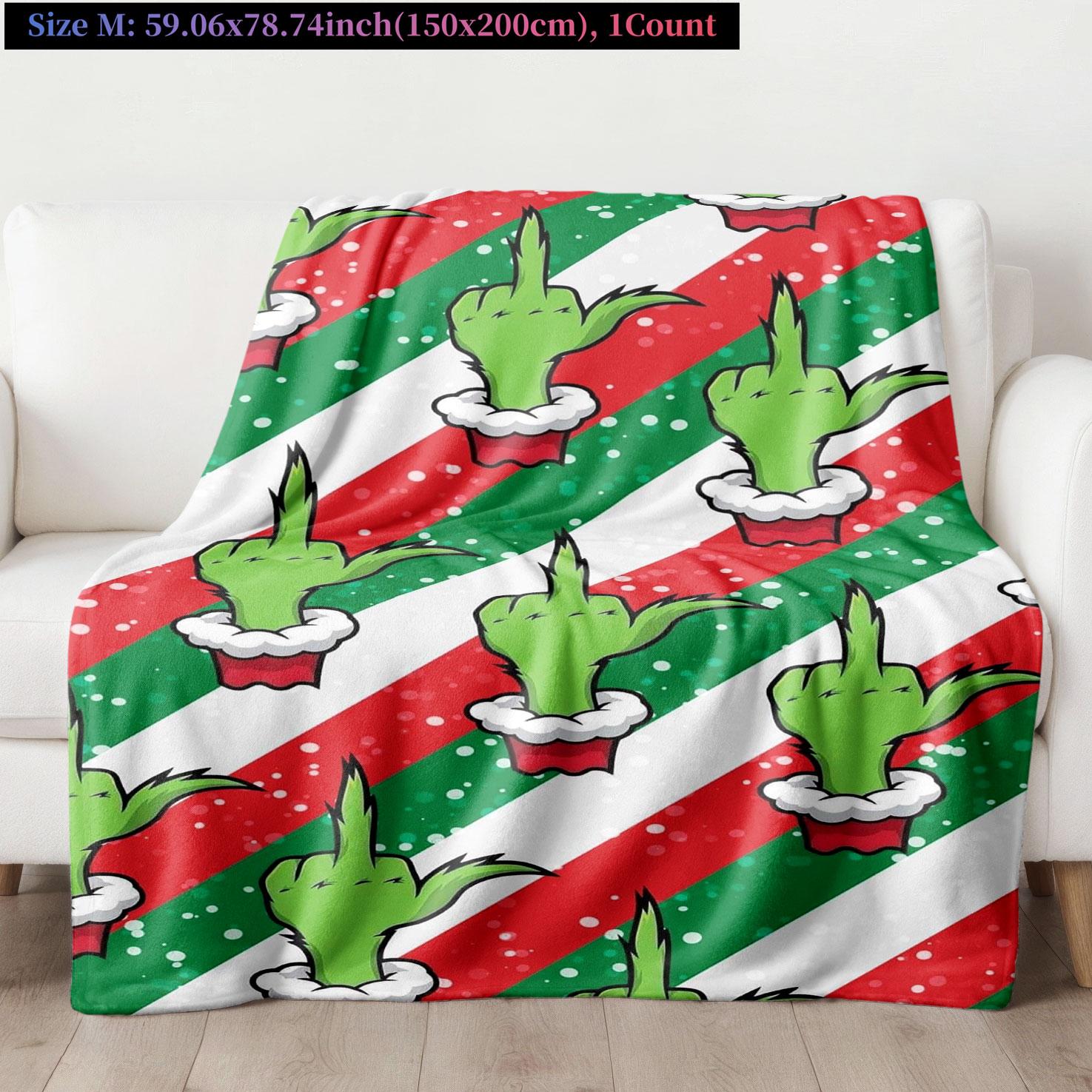 Modern Christmas Grinch Flannel Blanket, Digital Print Geometric Snowflake Design, All-Season Multi-Purpose Throw