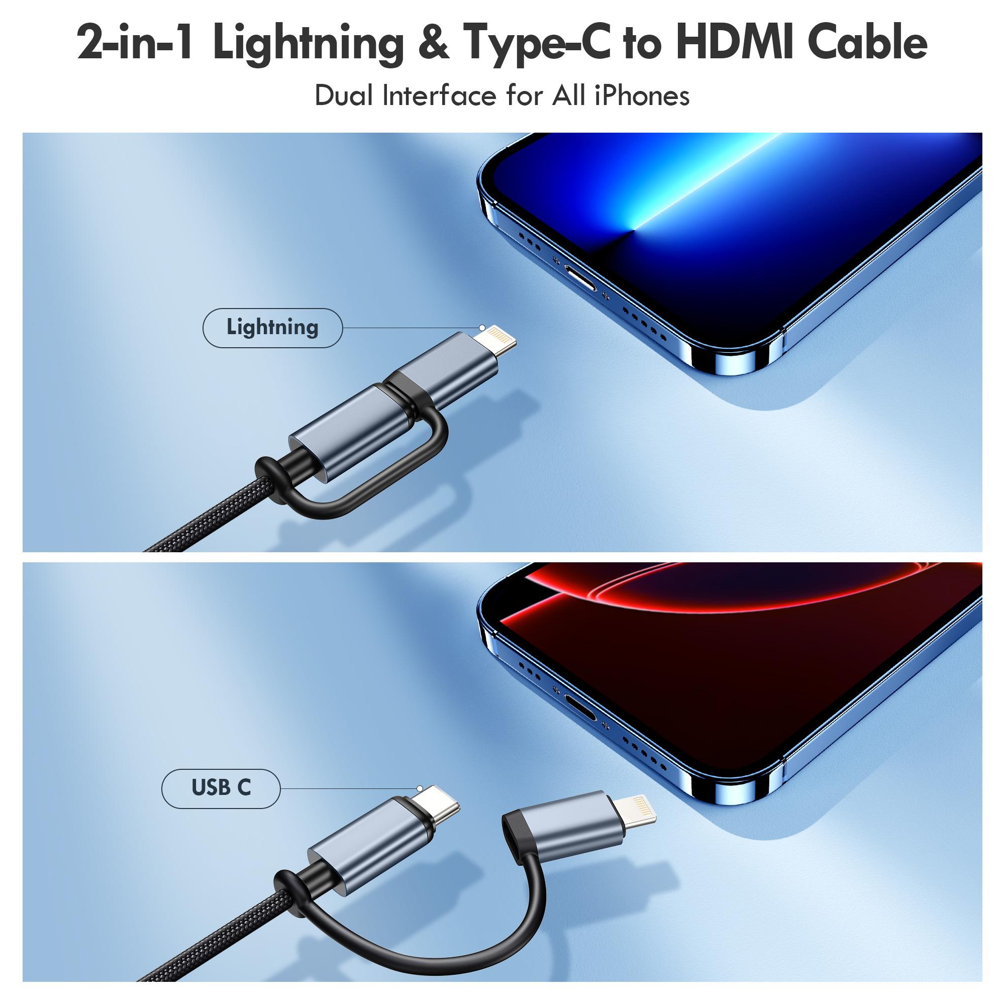 ( iOS Only ) 2-in-1 Lightning & Type C to HDMI Cable for iPhone, Dual Interface for All iPhones (17/16/15/14/13/Pro/Max) & iPad Pro/Air, Syncs Video & Audio, Not Support Android & Netflix
