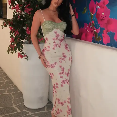 Women's Floral Print Cami Dress, Elegant Spaghetti Strap Long Dress for Beach Holiday Vacation, Ladies Summer Clothes, Floral Bodycon Dress, Floral Design Dress, Womenswear