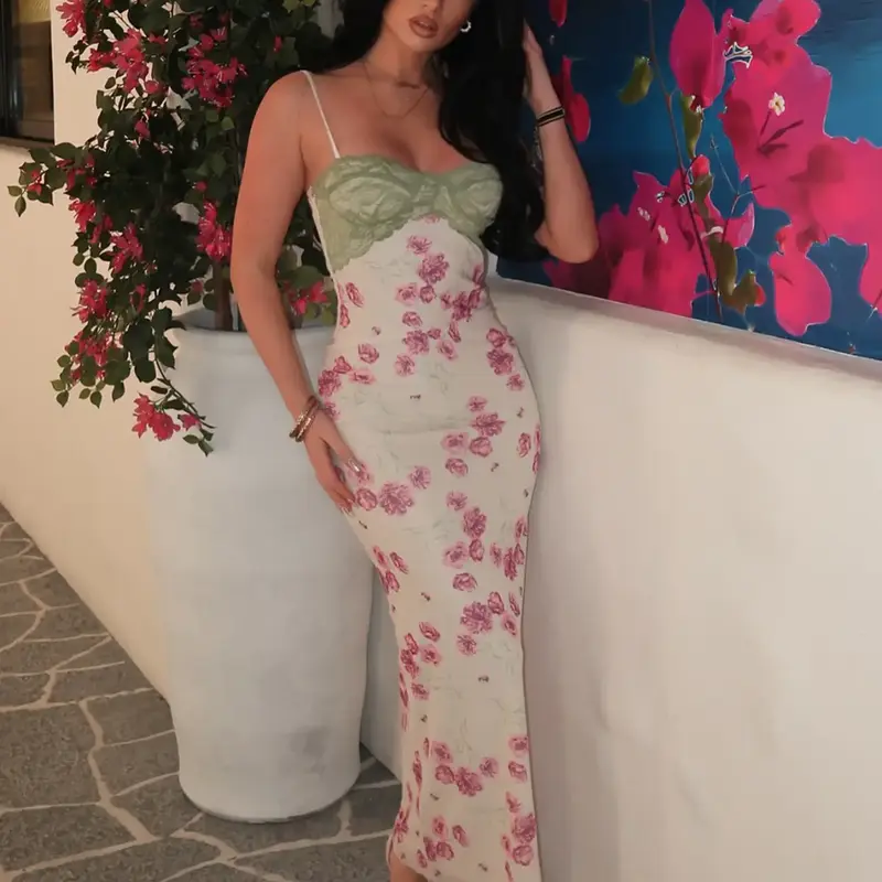 Women's Floral Print Cami Dress, Elegant Spaghetti Strap Long Dress for Beach Holiday Vacation, Ladies Summer Clothes, Floral Bodycon Dress, Floral Design Dress, Womenswear