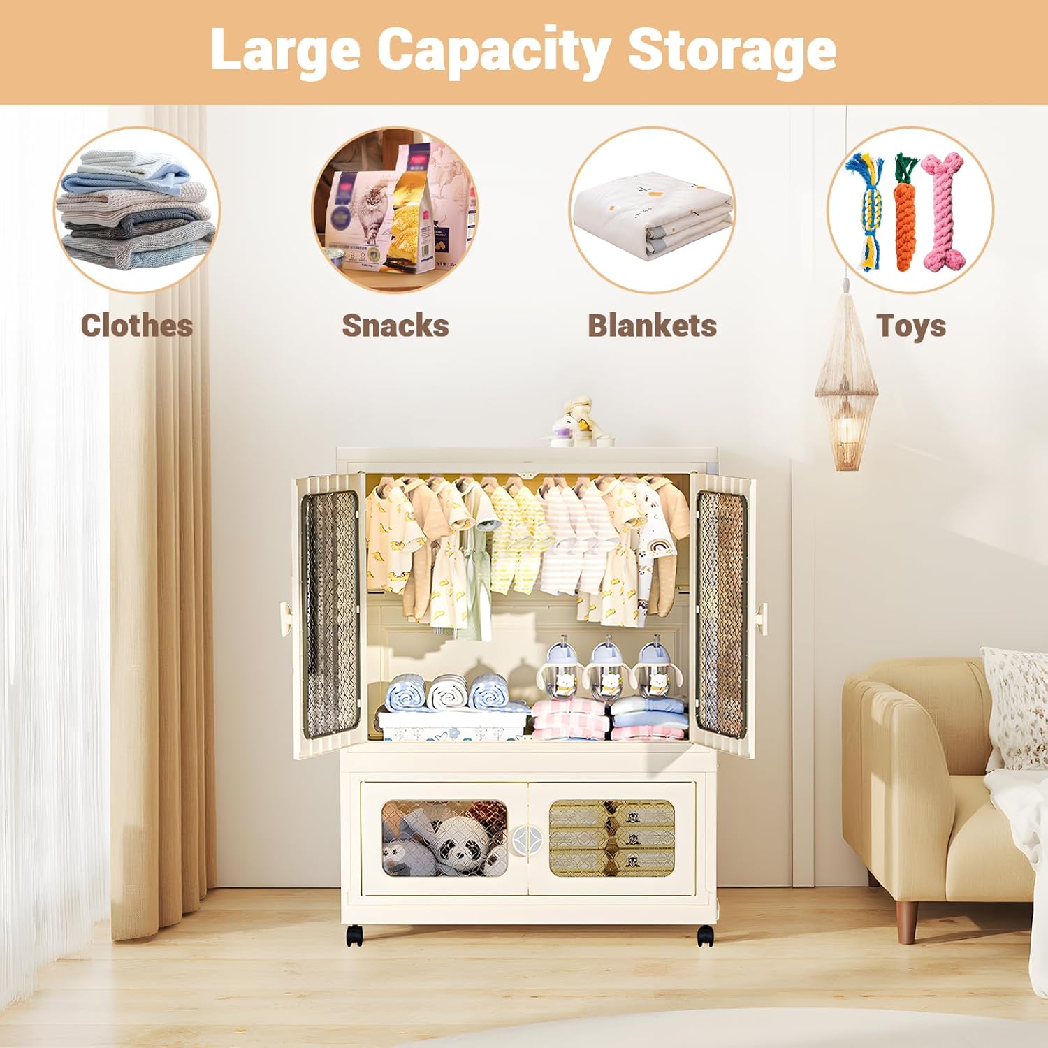 2-Tier Wardrobe Closet with Transparent Doors | Collapsible, Stackable Storage Organizer with Wheels & Lid