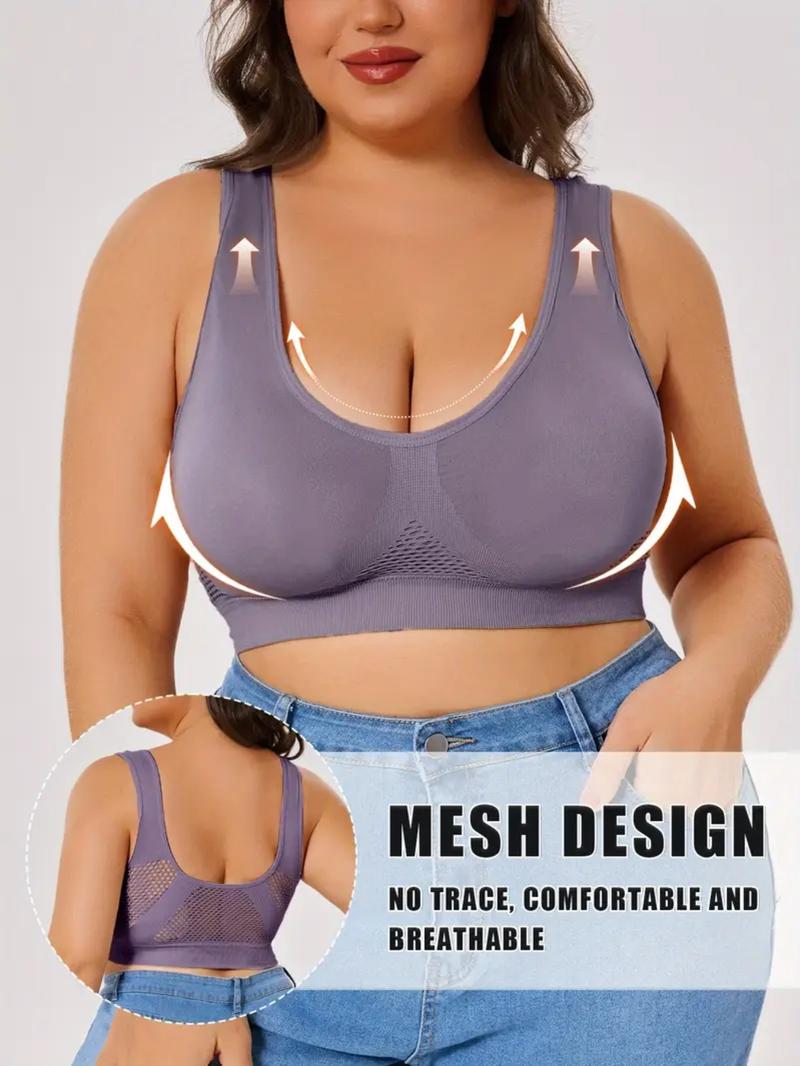1XL-5XL,Women's Plus Size Wireless Seamless Bra Set, Breathable Hollow Back Crop Top, Wide Strap Basic Bra,All Seasons, Casual Style