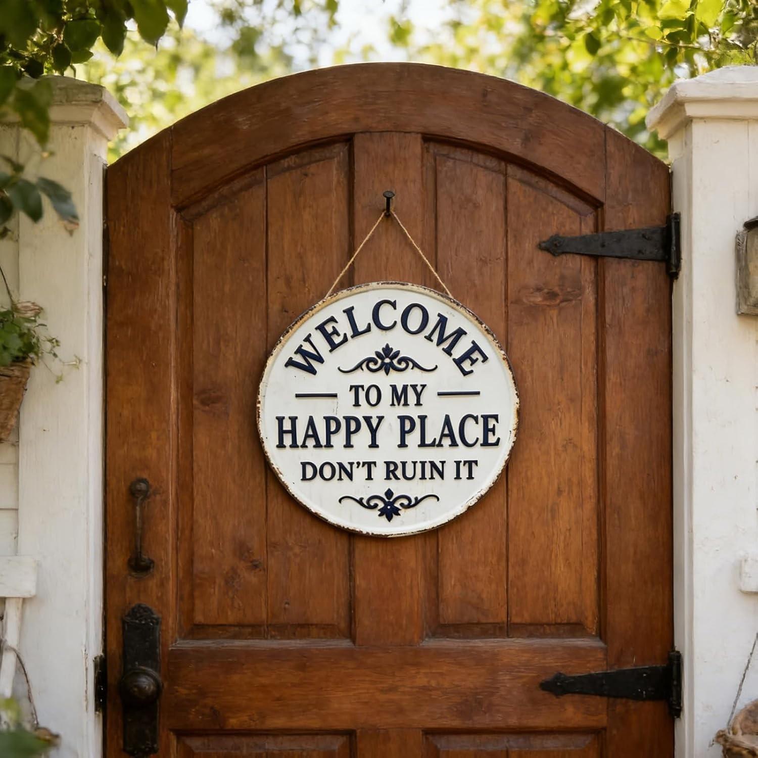 Happy Place – Vintage Statement Metal Sign,"This Is My Happy Place Don't Fuck It Up" Round Garden Wall Decor, Hanging Decorative Signs & Plaques, For Front Door Home Office Kitchen Bedroom, Yard Sign, Signage